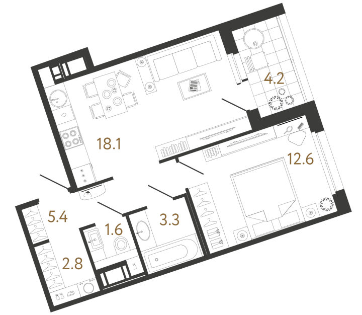 1-комнатная 43.8 м², 7 этаж, 17 013 002 руб.