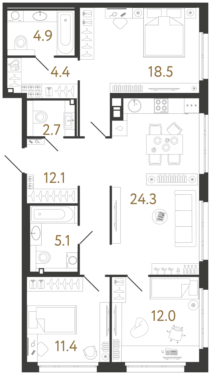 3-комнатная 95.4 м², 2 этаж, 60 102 000 руб.
