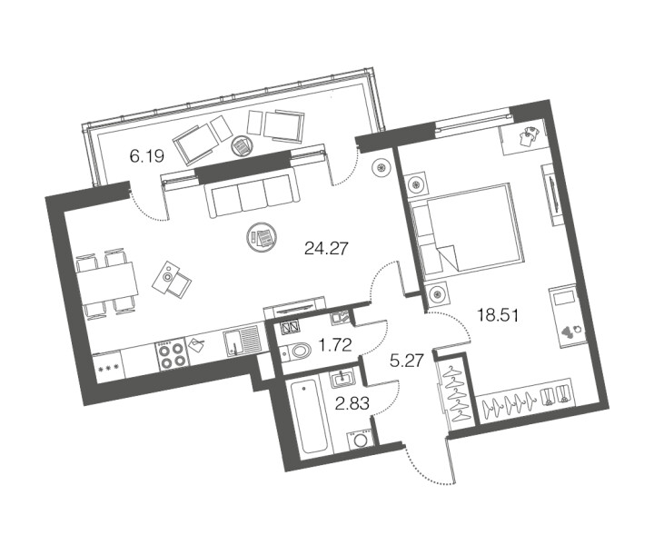 1-комнатная 52.9 м², 1 этаж, 7 490 000 руб.