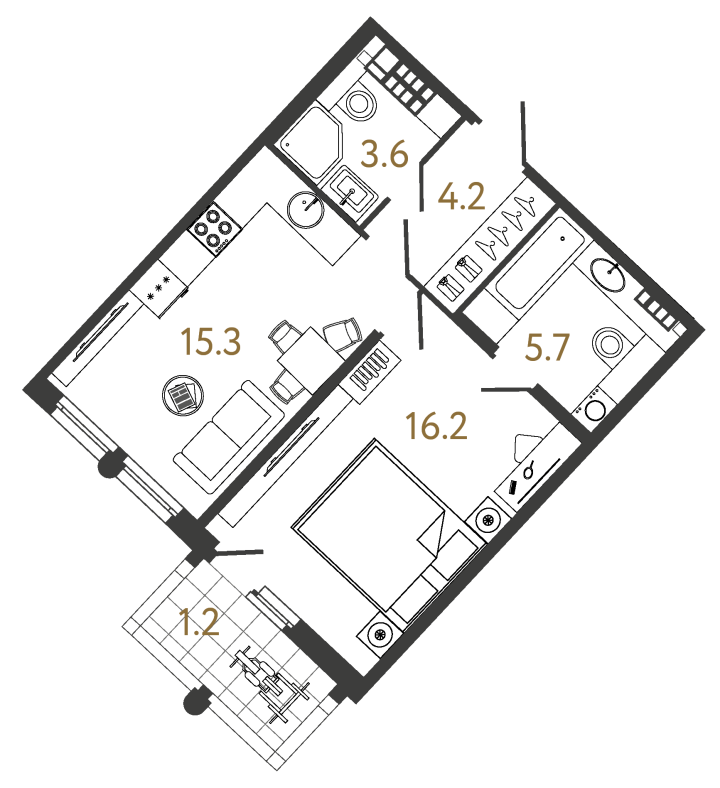 1-комнатная 45 м², 6 этаж, 25 368 829 руб.