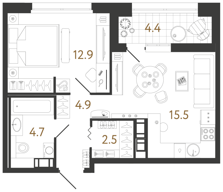 1-комнатная 40.5 м², 8 этаж, 16 060 563 руб.