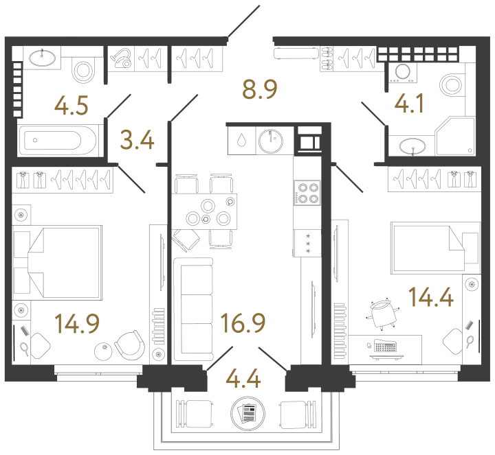 2-комнатная 67.1 м², 8 этаж, 42 273 000 руб.
