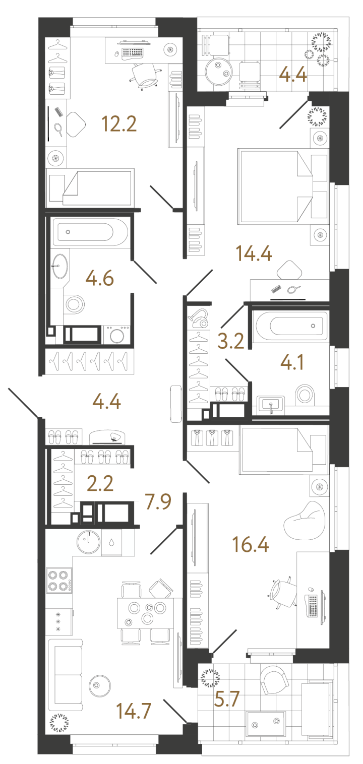 3-комнатная 84.1 м², 12 этаж, 33 735 487 руб.