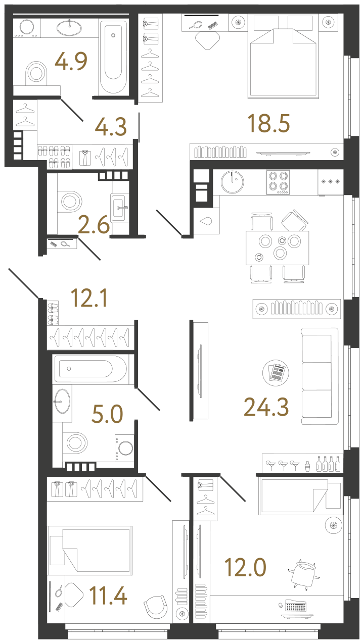 3-комнатная 95.1 м², 5 этаж, 59 913 000 руб.