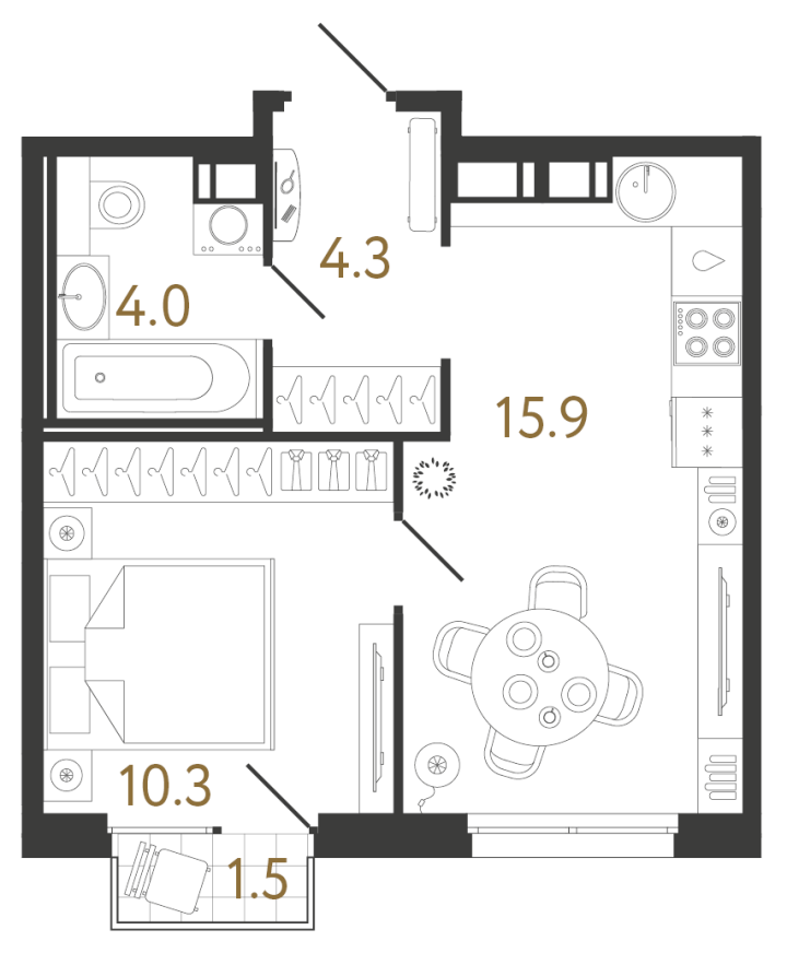 1-комнатная 34.5 м², 6 этаж, 9 315 186 руб.