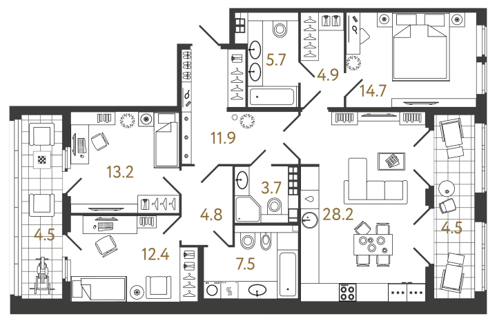 3-комнатная 107 м², 5 этаж, 51 348 273 руб.