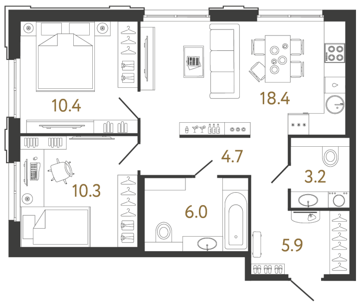 2-комнатная 58.9 м², 2 этаж, 15 196 259 руб.