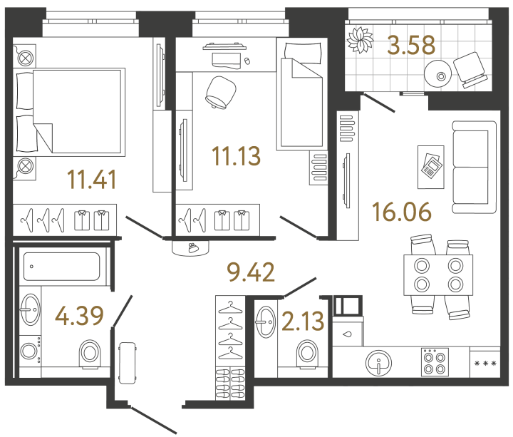 2-комнатная 54.54 м², 4 этаж, 13 331 736 руб.