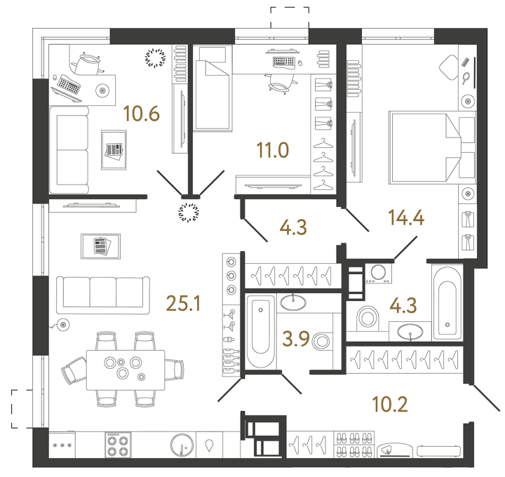3-комнатная 83.8 м², 17 этаж, 20 954 768 руб.