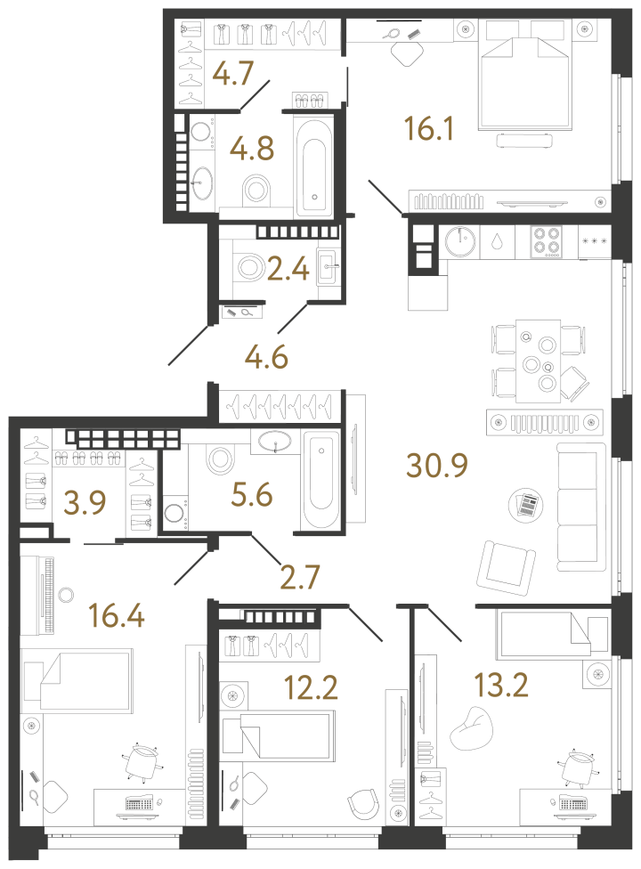 4-комнатная 117.5 м², 9 этаж, 74 025 000 руб.