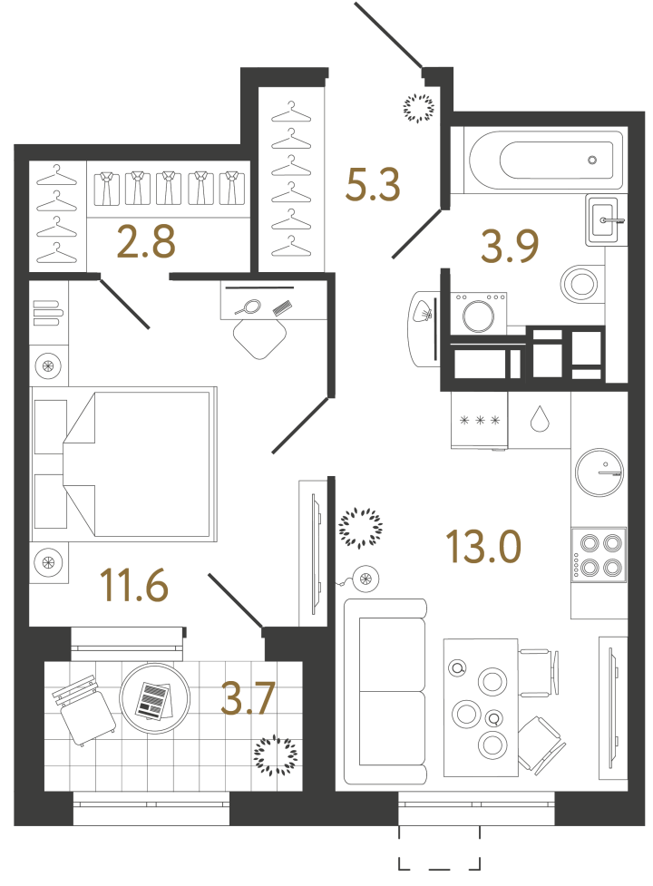 1-комнатная 36.6 м², 17 этаж, 12 952 206 руб.