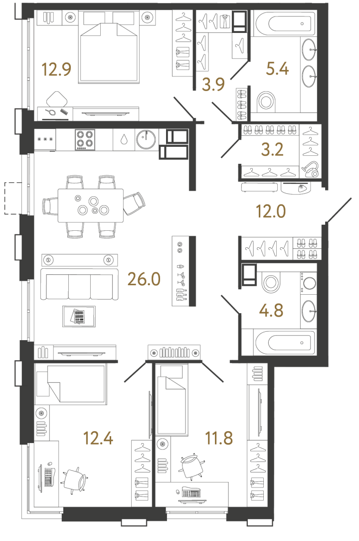 3-комнатная 92.4 м², 3 этаж, 25 043 264 руб.