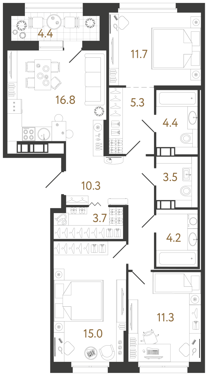 3-комнатная 86.2 м², 8 этаж, 31 011 364 руб.