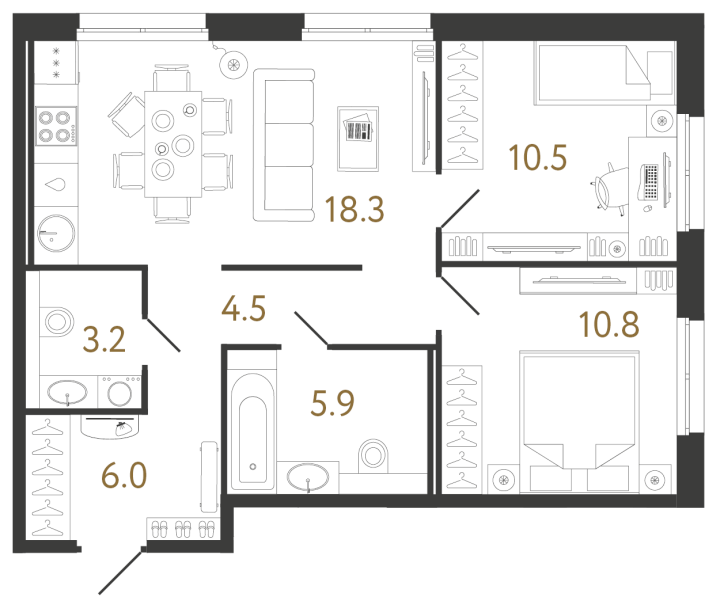 2-комнатная 59.2 м², 3 этаж, 15 475 123 руб.