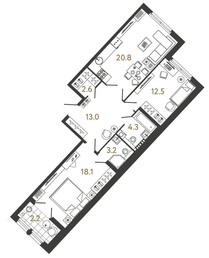 2-комнатная 74.5 м², 7 этаж, 35 971 985 руб.