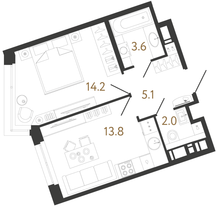 1-комнатная 38.7 м², 5 этаж, 15 385 700 руб.