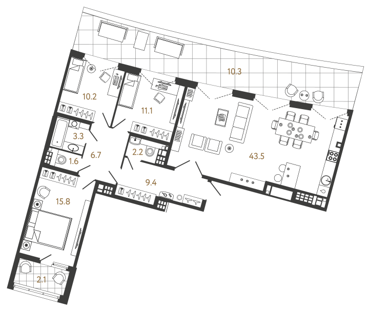 3-комнатная 103.8 м², 8 этаж, 103 800 033 руб.