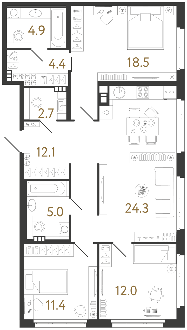 3-комнатная 95.3 м², 4 этаж, 60 039 000 руб.
