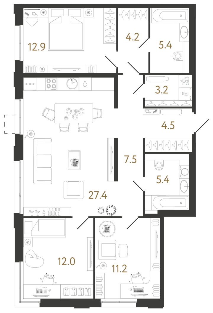 3-комнатная 93.7 м², 3 этаж, 22 856 044 руб.