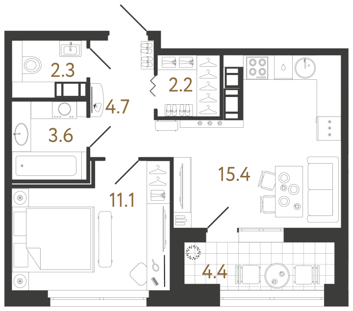 1-комнатная 39.3 м², 13 этаж, 16 325 236 руб.