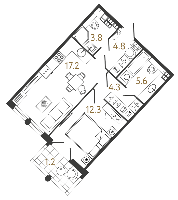 1-комнатная 48 м², 6 этаж, 25 141 882 руб.