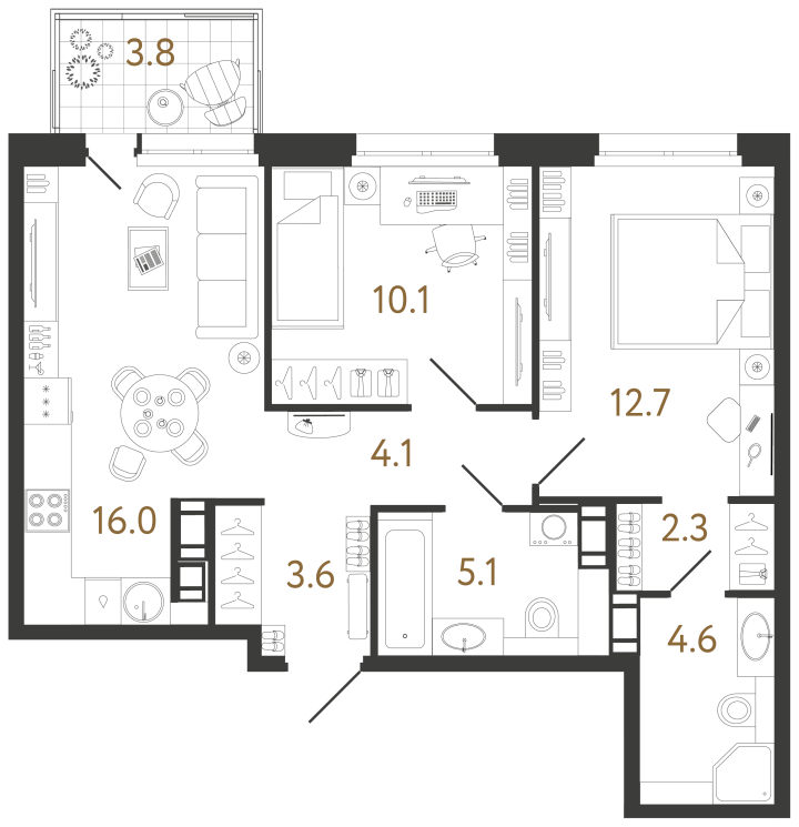 2-комнатная 58.5 м², 12 этаж, 20 789 748 руб.