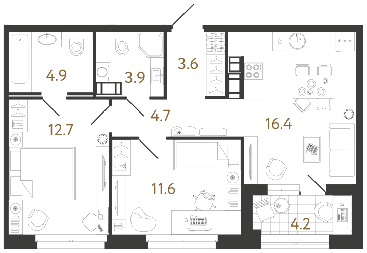 2-комнатная 57.8 м², 12 этаж, 21 146 806 руб.