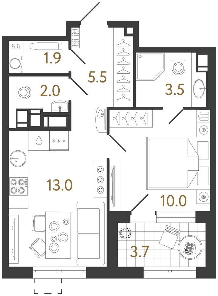 1-комнатная 35.9 м², 18 этаж