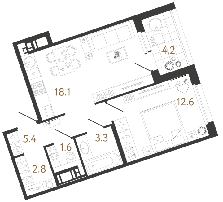 1-комнатная 43.8 м², 8 этаж, 17 337 823 руб.