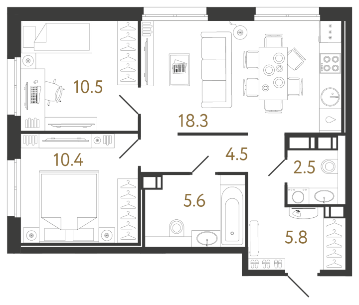 2-комнатная 57.6 м², 5 этаж, 15 691 864 руб.