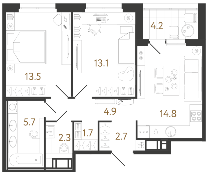 2-комнатная 58.7 м², 4 этаж, 19 964 299 руб.