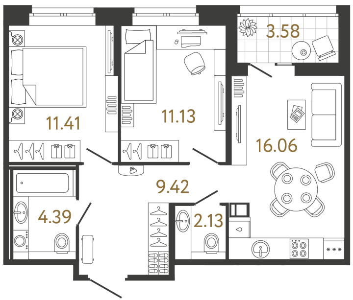 2-комнатная 54.54 м², 3 этаж, 12 665 186 руб.