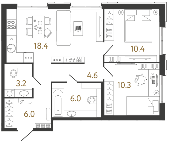 2-комнатная 58.9 м², 2 этаж, 14 099 600 руб.