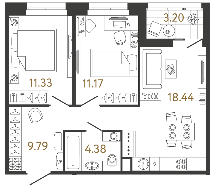 2-комнатная 55.11 м², 2 этаж, 12 657 254 руб.