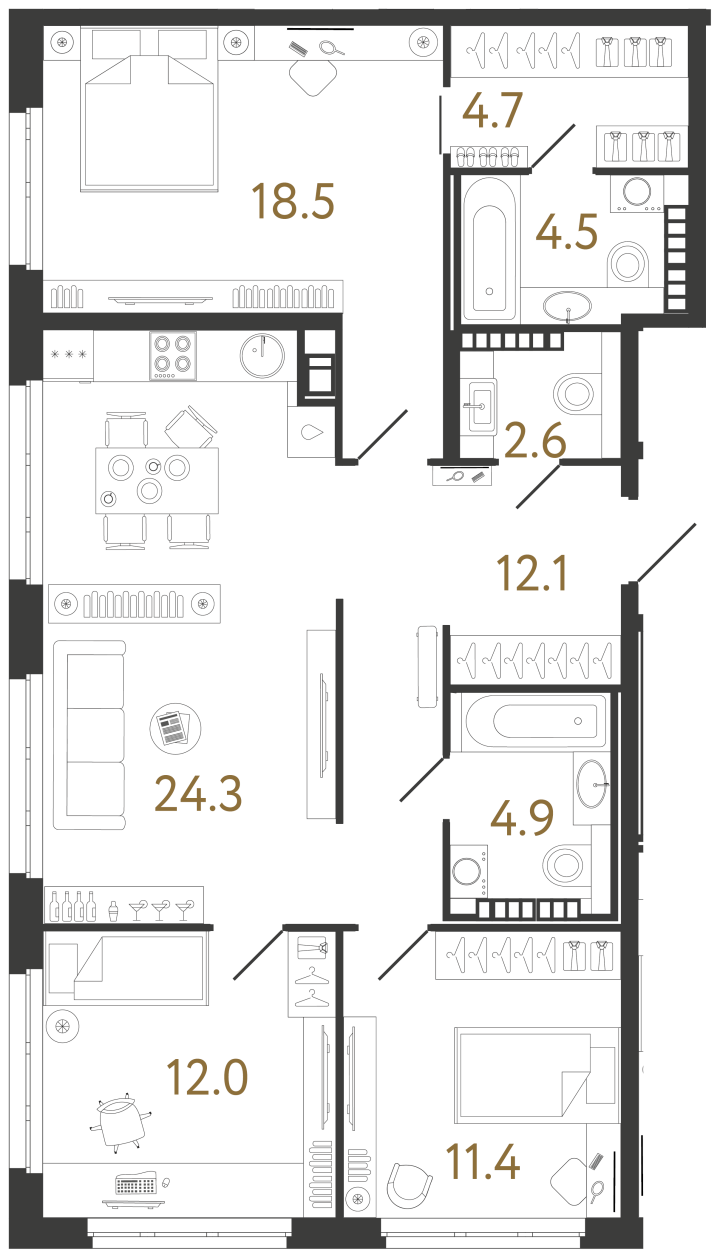 3-комнатная 95 м², 8 этаж, 59 850 000 руб.