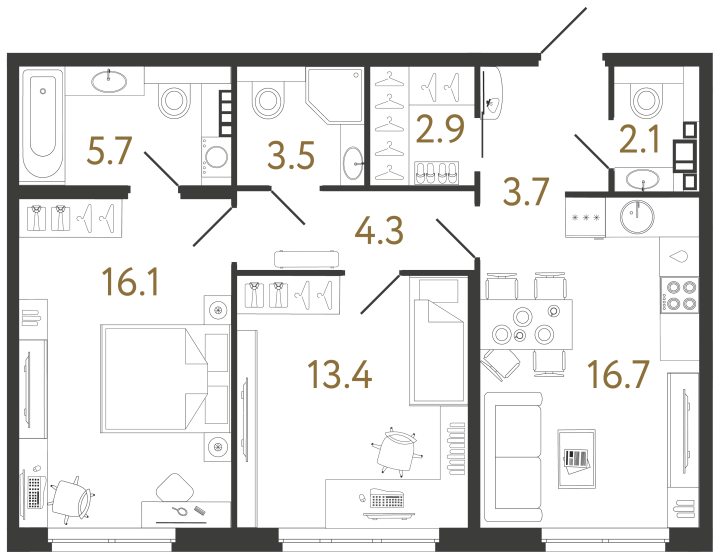 2-комнатная 68.4 м², 3 этаж, 43 092 000 руб.