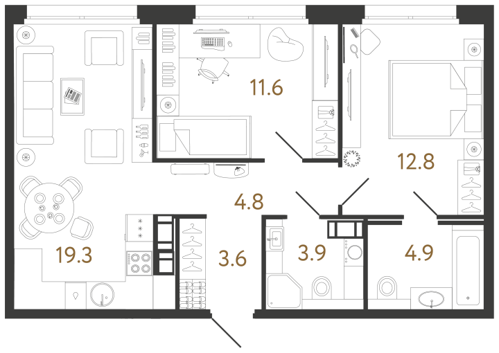 2-комнатная 60.9 м², 12 этаж, 21 416 185 руб.