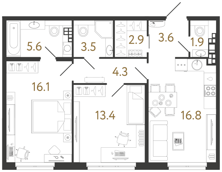 2-комнатная 68.1 м², 5 этаж, 42 714 000 руб.