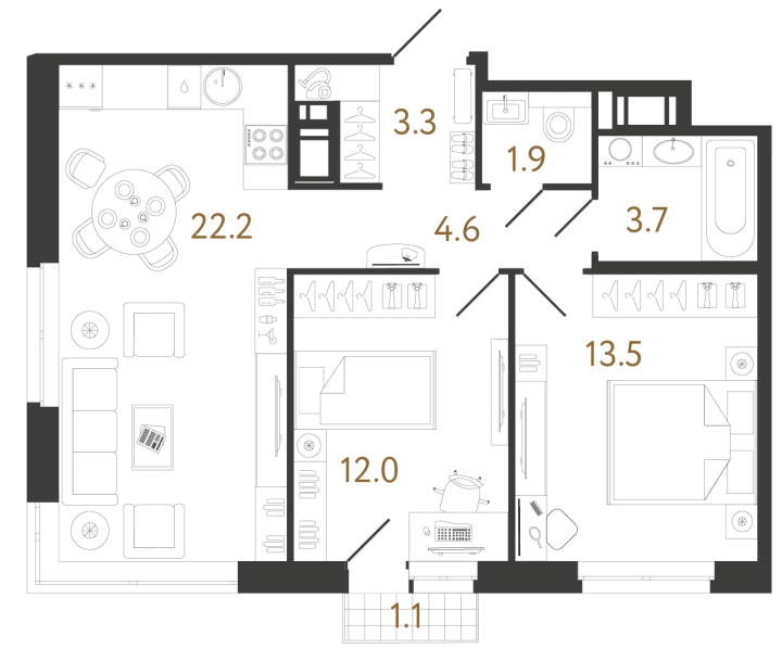 2-комнатная 61.2 м², 8 этаж, 22 065 709 руб.