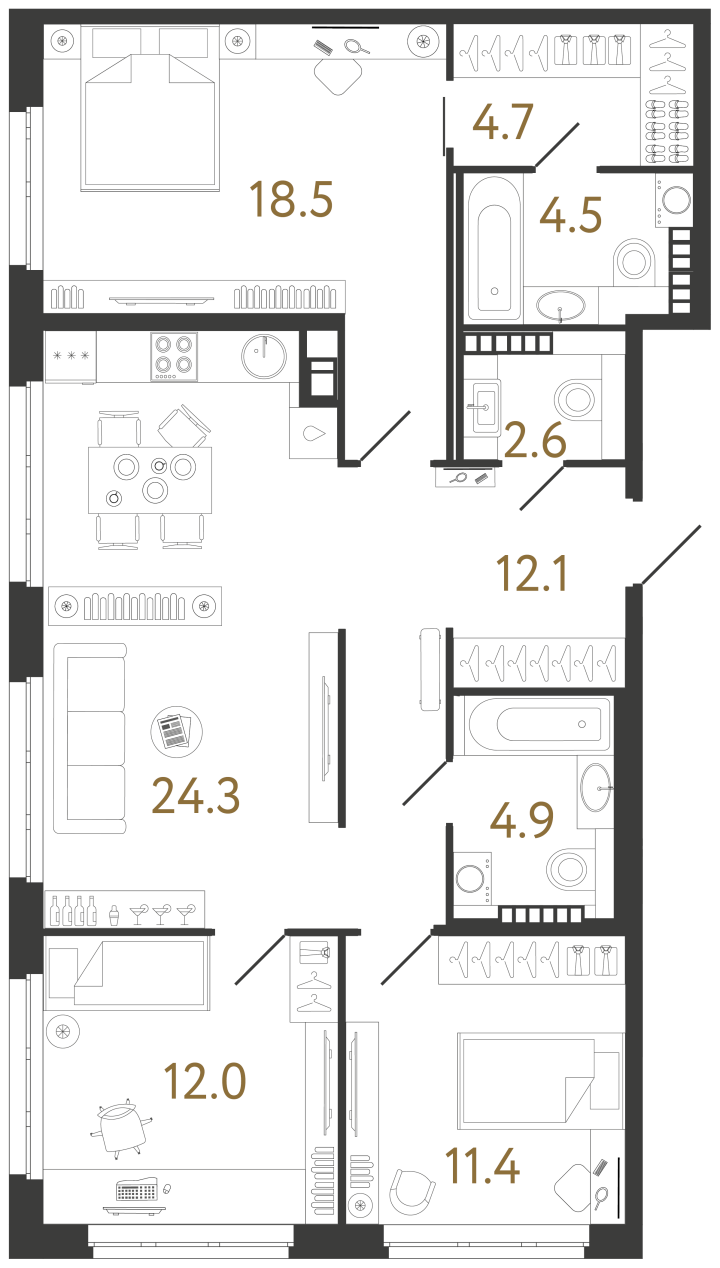 3-комнатная 95 м², 7 этаж, 59 850 000 руб.