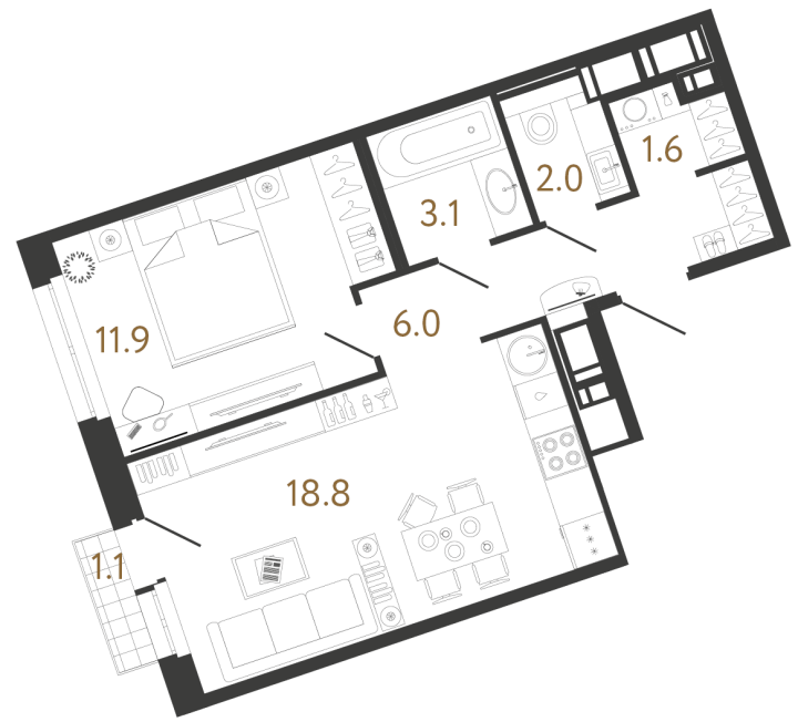 1-комнатная 43.4 м², 4 этаж, 15 573 378 руб.