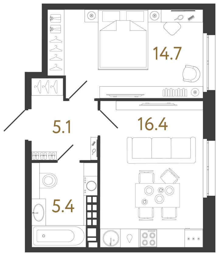 1-комнатная 41.6 м², 5 этаж, 26 208 000 руб.
