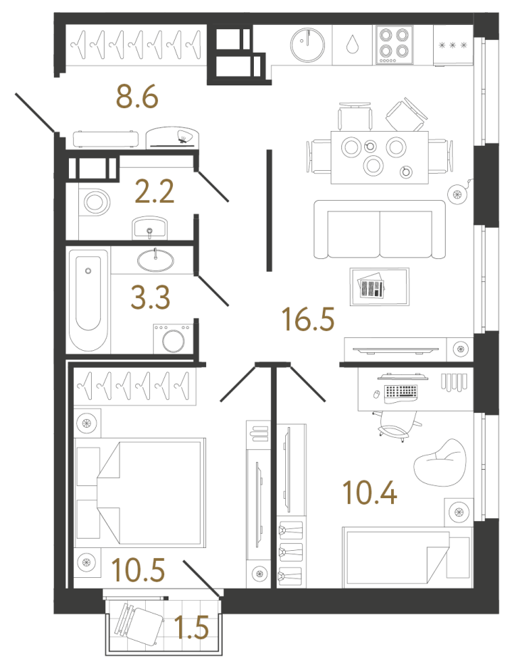 2-комнатная 51.5 м², 5 этаж, 13 380 550 руб.