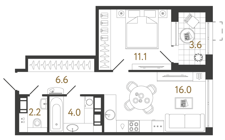 1-комнатная 39.9 м², 15 этаж, 13 750 011 руб.