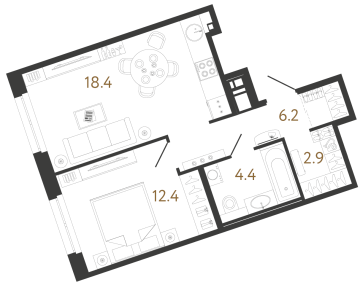 1-комнатная 44.3 м², 8 этаж, 17 361 750 руб.