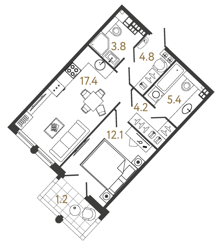 1-комнатная 47.7 м², 6 этаж, 26 233 993 руб.