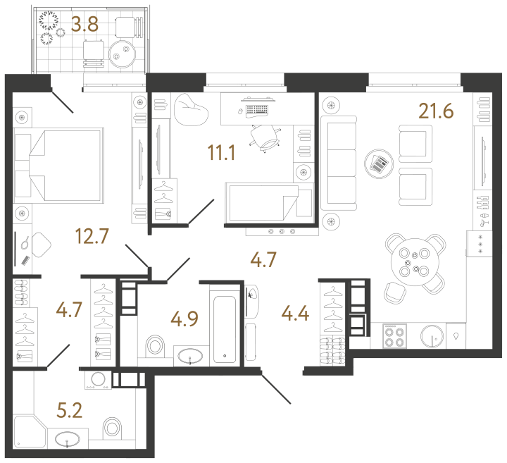 2-комнатная 69.3 м², 4 этаж, 20 152 371 руб.