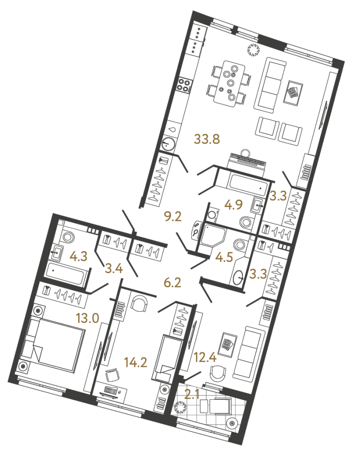 3-комнатная 112.5 м², 4 этаж, 55 200 915 руб.