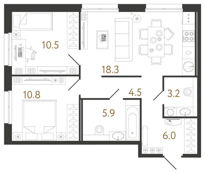 2-комнатная 59.2 м², 3 этаж, 15 475 123 руб.