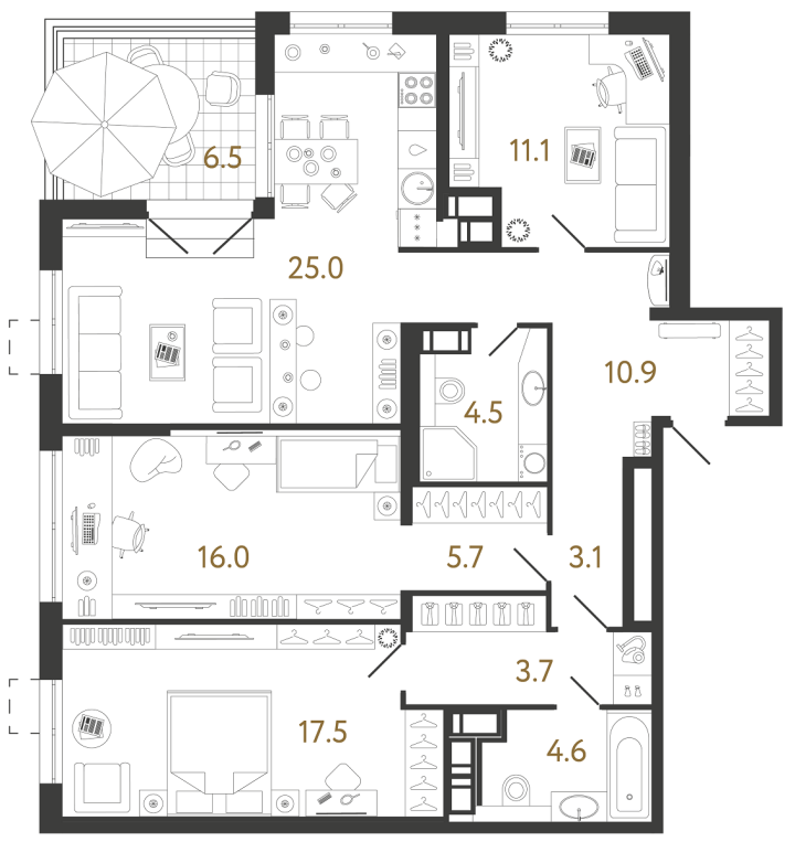 3-комнатная 102.1 м², 22 этаж, 30 638 423 руб.